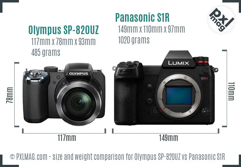 Olympus SP-820UZ vs Panasonic S1R size comparison