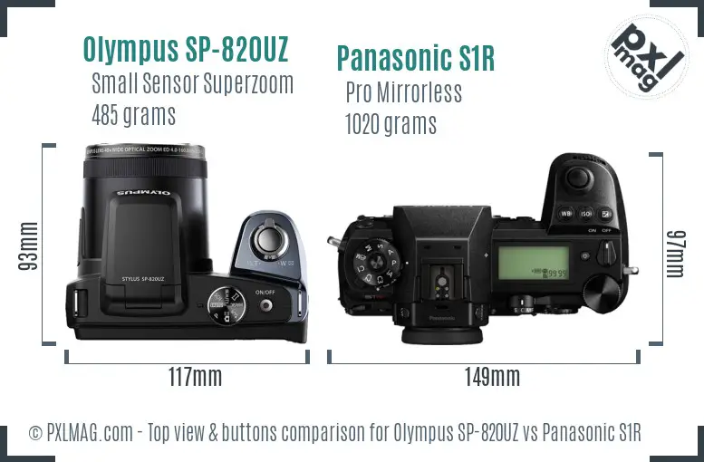 Olympus SP-820UZ vs Panasonic S1R top view buttons comparison