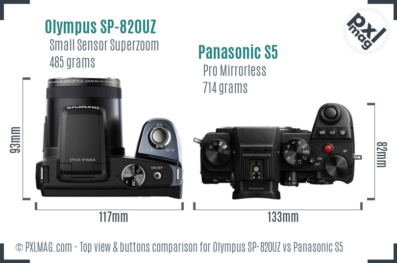 Olympus SP-820UZ vs Panasonic S5 top view buttons comparison