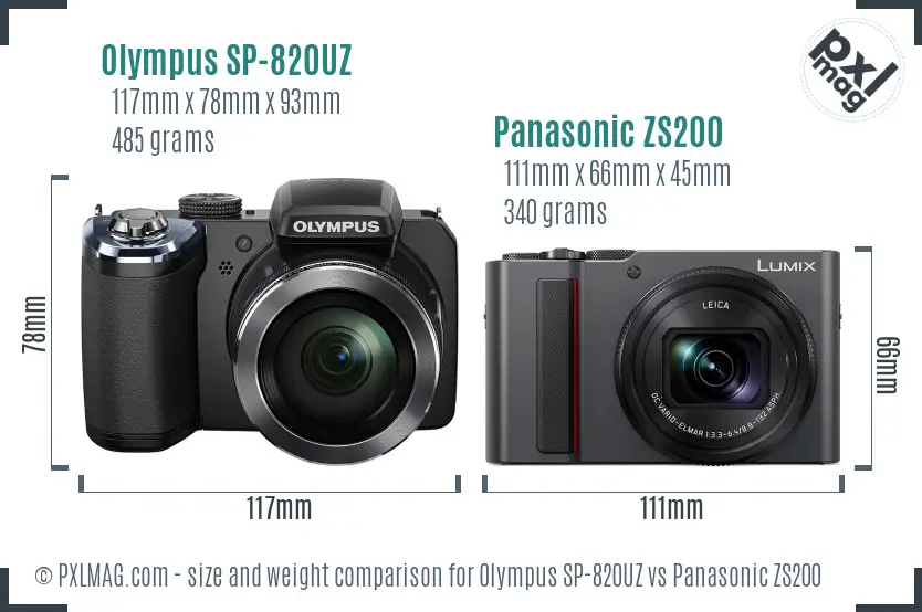 Olympus SP-820UZ vs Panasonic ZS200 size comparison