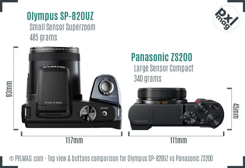 Olympus SP-820UZ vs Panasonic ZS200 top view buttons comparison