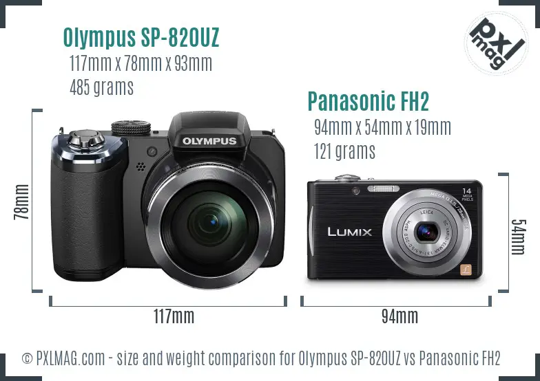 Olympus SP-820UZ vs Panasonic FH2 size comparison