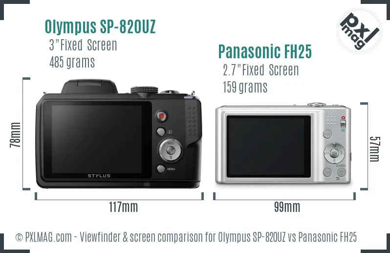 Olympus SP-820UZ vs Panasonic FH25 Screen and Viewfinder comparison