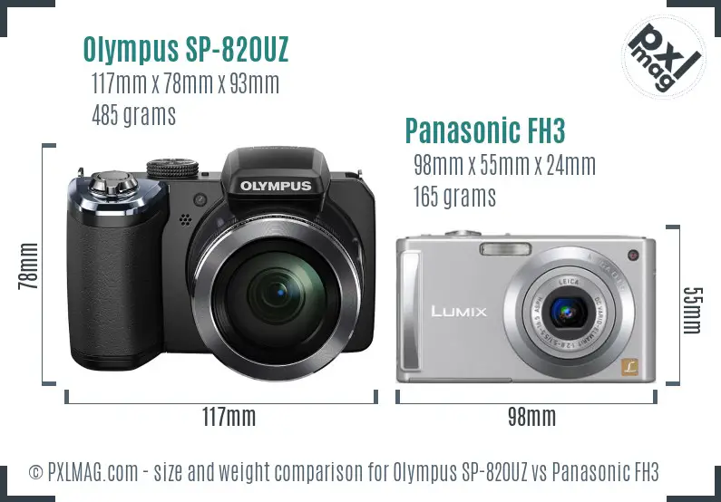 Olympus SP-820UZ vs Panasonic FH3 size comparison