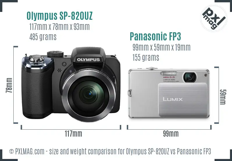 Olympus SP-820UZ vs Panasonic FP3 size comparison