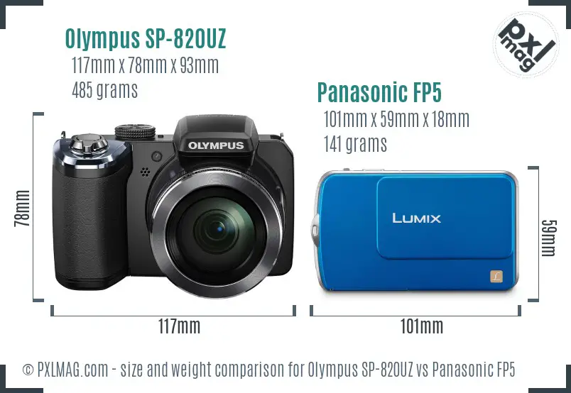 Olympus SP-820UZ vs Panasonic FP5 size comparison