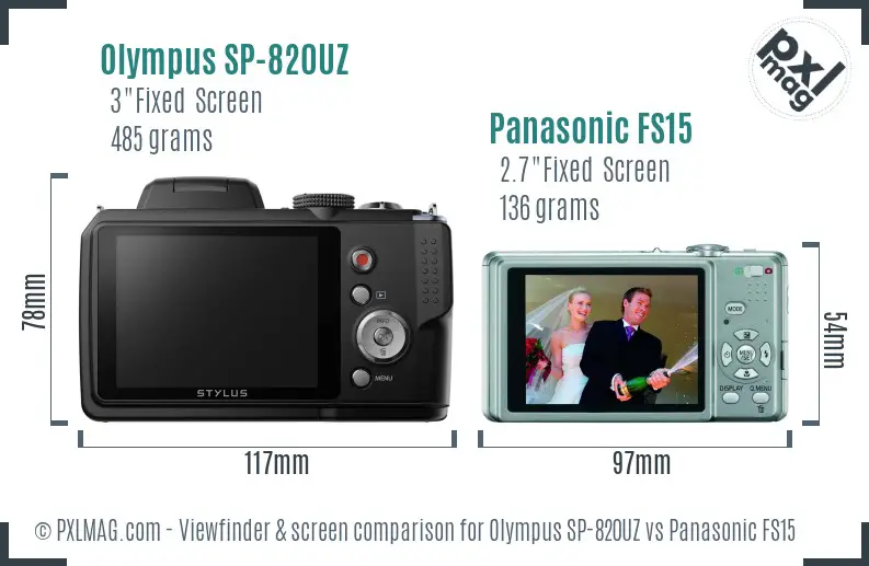 Olympus SP-820UZ vs Panasonic FS15 Screen and Viewfinder comparison