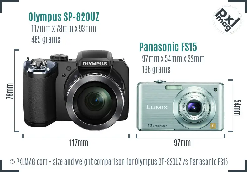 Olympus SP-820UZ vs Panasonic FS15 size comparison
