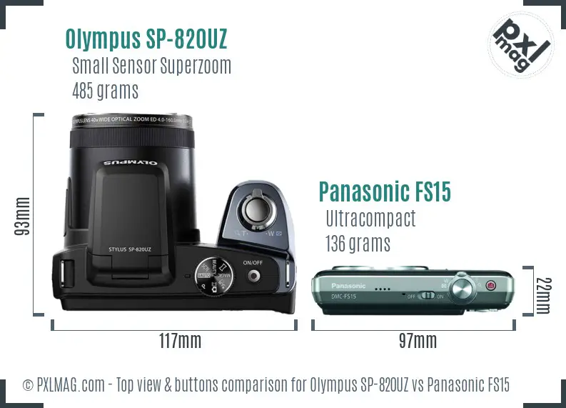 Olympus SP-820UZ vs Panasonic FS15 top view buttons comparison