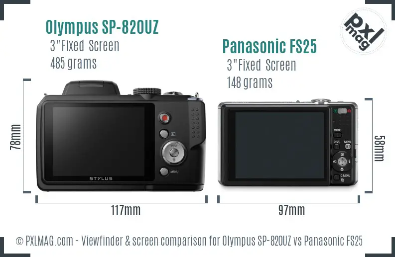 Olympus SP-820UZ vs Panasonic FS25 Screen and Viewfinder comparison