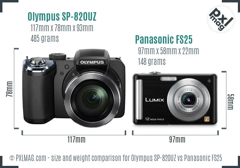 Olympus SP-820UZ vs Panasonic FS25 size comparison