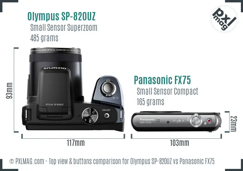 Olympus SP-820UZ vs Panasonic FX75 top view buttons comparison