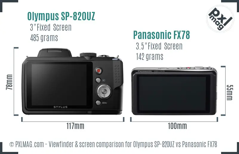 Olympus SP-820UZ vs Panasonic FX78 Screen and Viewfinder comparison
