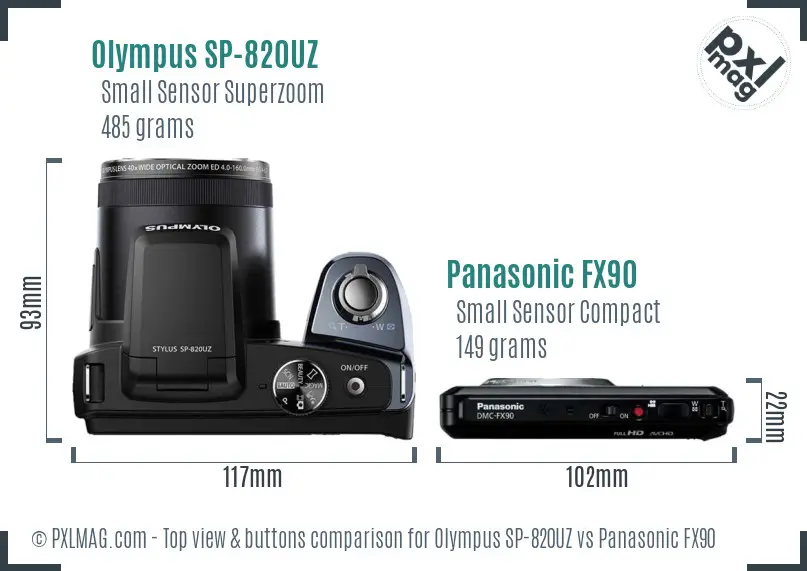 Olympus SP-820UZ vs Panasonic FX90 top view buttons comparison