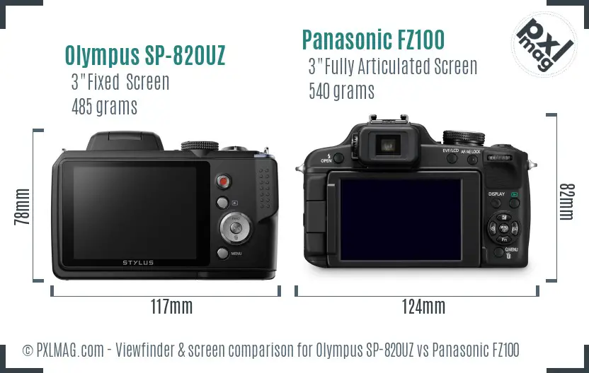 Olympus SP-820UZ vs Panasonic FZ100 Screen and Viewfinder comparison