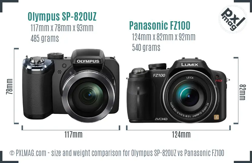 Olympus SP-820UZ vs Panasonic FZ100 size comparison