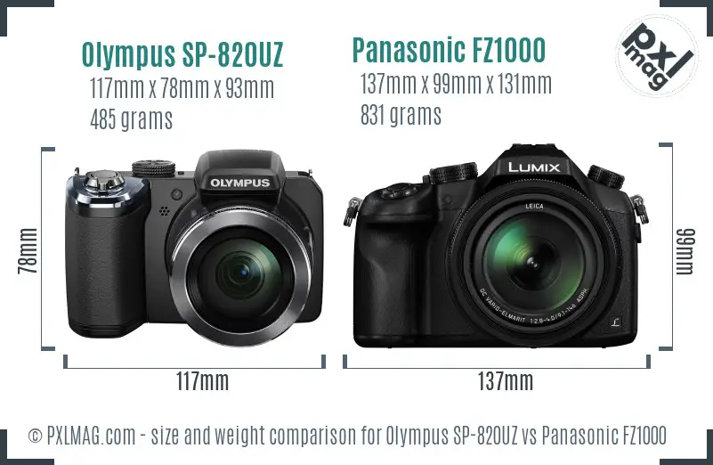 Olympus SP-820UZ vs Panasonic FZ1000 size comparison