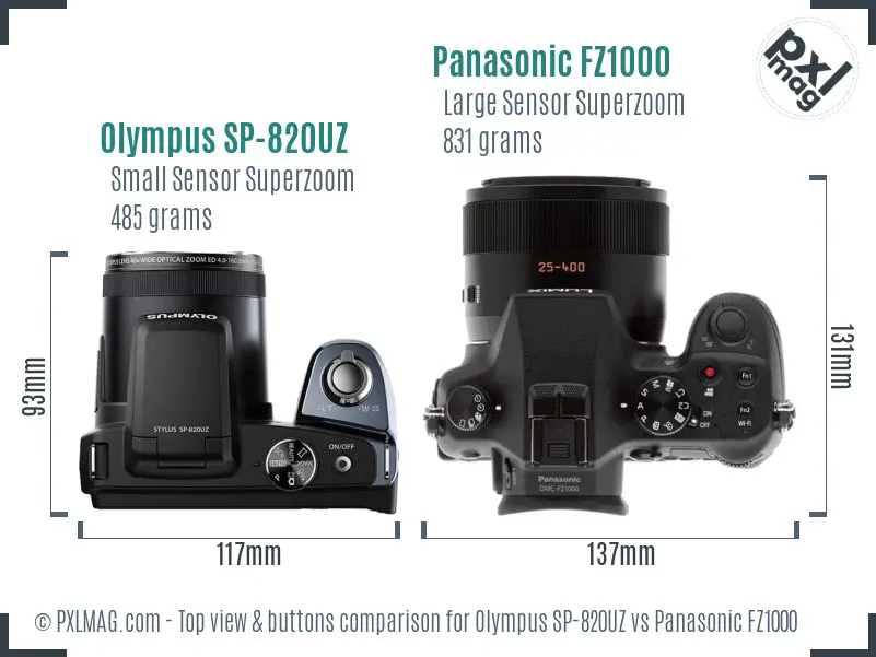 Olympus SP-820UZ vs Panasonic FZ1000 top view buttons comparison
