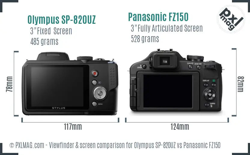 Olympus SP-820UZ vs Panasonic FZ150 Screen and Viewfinder comparison
