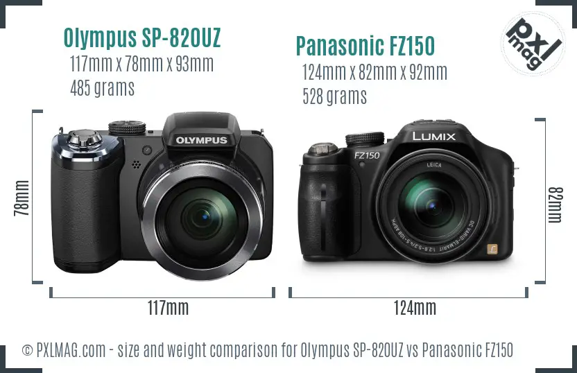 Olympus SP-820UZ vs Panasonic FZ150 size comparison