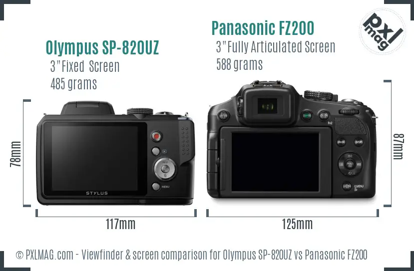 Olympus SP-820UZ vs Panasonic FZ200 Screen and Viewfinder comparison