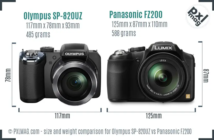 Olympus SP-820UZ vs Panasonic FZ200 size comparison