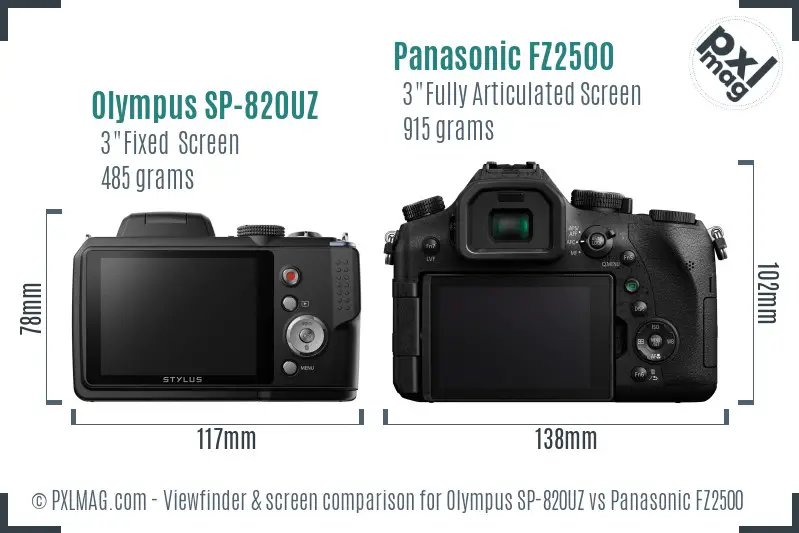 Olympus SP-820UZ vs Panasonic FZ2500 Screen and Viewfinder comparison