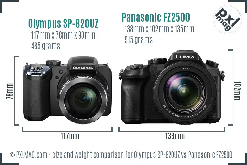 Olympus SP-820UZ vs Panasonic FZ2500 size comparison