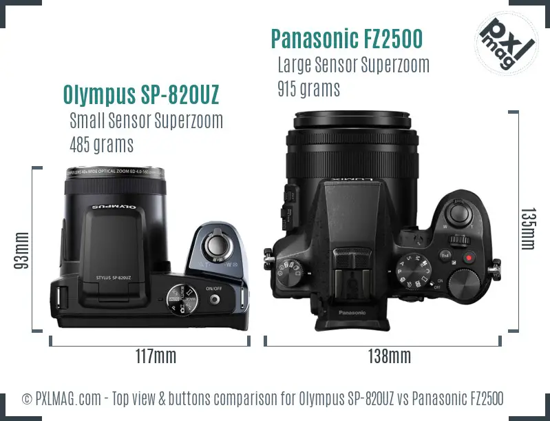 Olympus SP-820UZ vs Panasonic FZ2500 top view buttons comparison