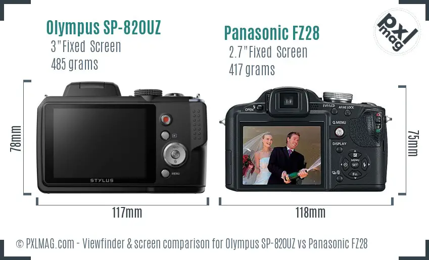 Olympus SP-820UZ vs Panasonic FZ28 Screen and Viewfinder comparison