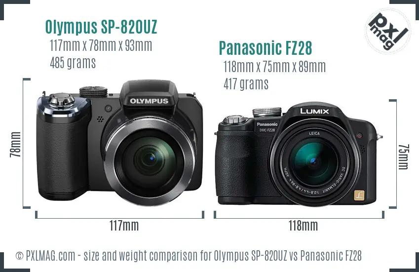 Olympus SP-820UZ vs Panasonic FZ28 size comparison
