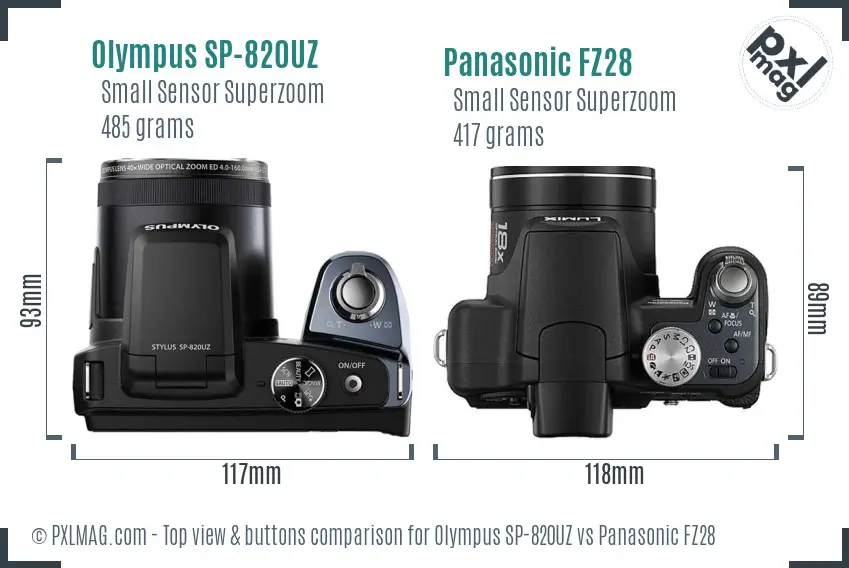 Olympus SP-820UZ vs Panasonic FZ28 top view buttons comparison
