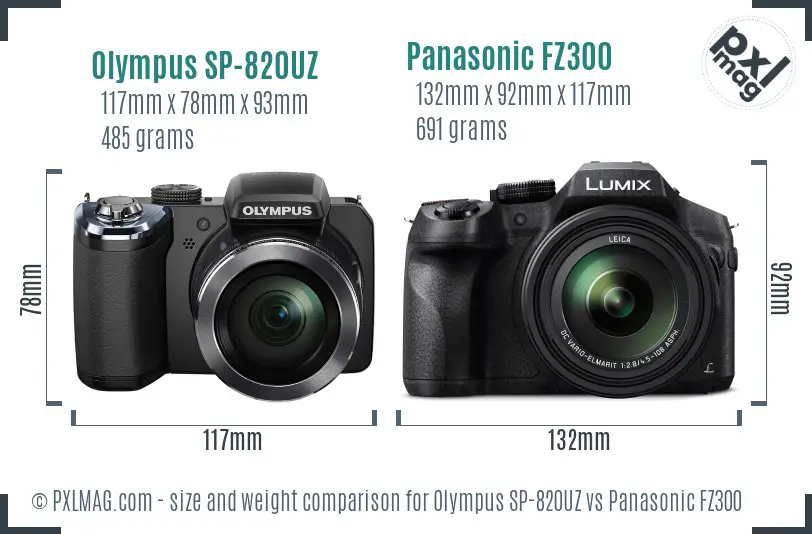 Olympus SP-820UZ vs Panasonic FZ300 size comparison