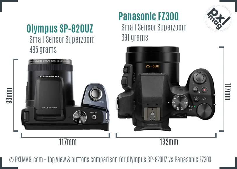 Olympus SP-820UZ vs Panasonic FZ300 top view buttons comparison