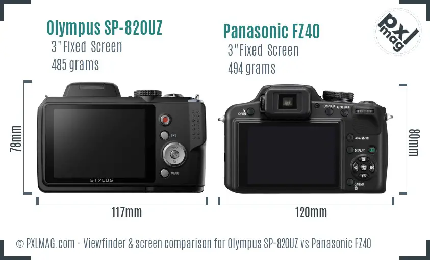 Olympus SP-820UZ vs Panasonic FZ40 Screen and Viewfinder comparison
