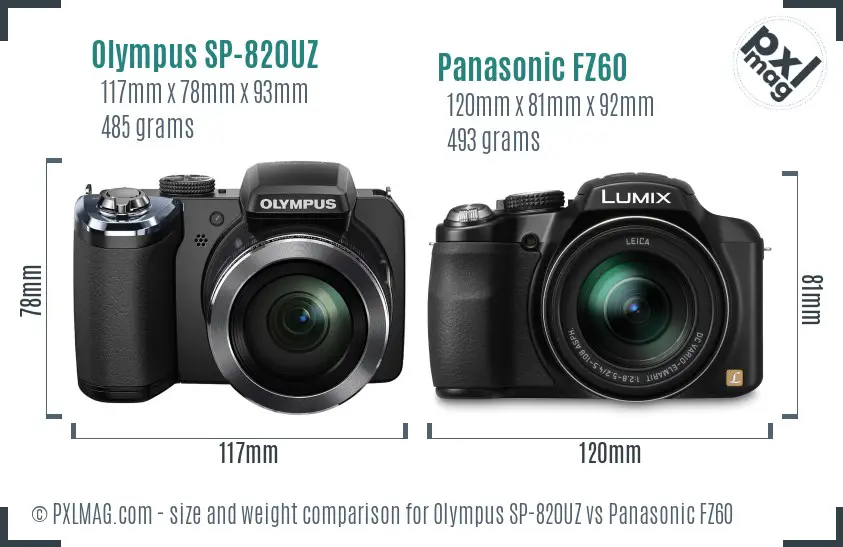 Olympus SP-820UZ vs Panasonic FZ60 size comparison