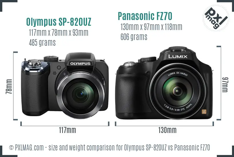 Olympus SP-820UZ vs Panasonic FZ70 size comparison