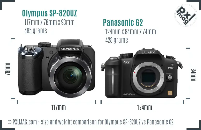 Olympus SP-820UZ vs Panasonic G2 size comparison