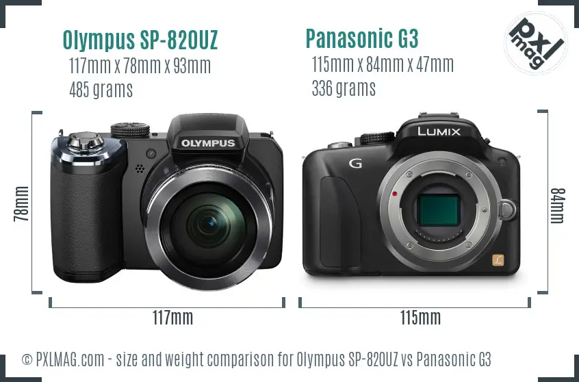 Olympus SP-820UZ vs Panasonic G3 size comparison