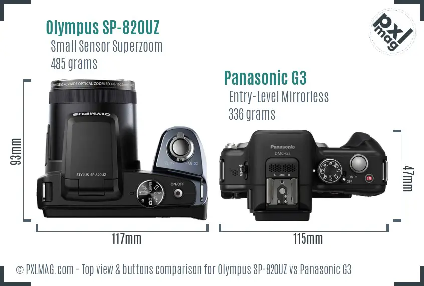 Olympus SP-820UZ vs Panasonic G3 top view buttons comparison