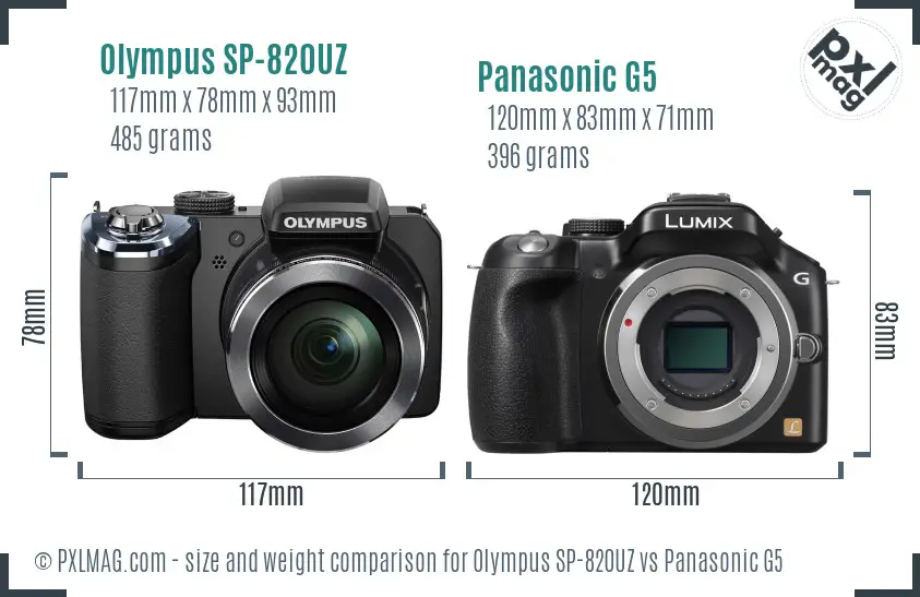 Olympus SP-820UZ vs Panasonic G5 size comparison