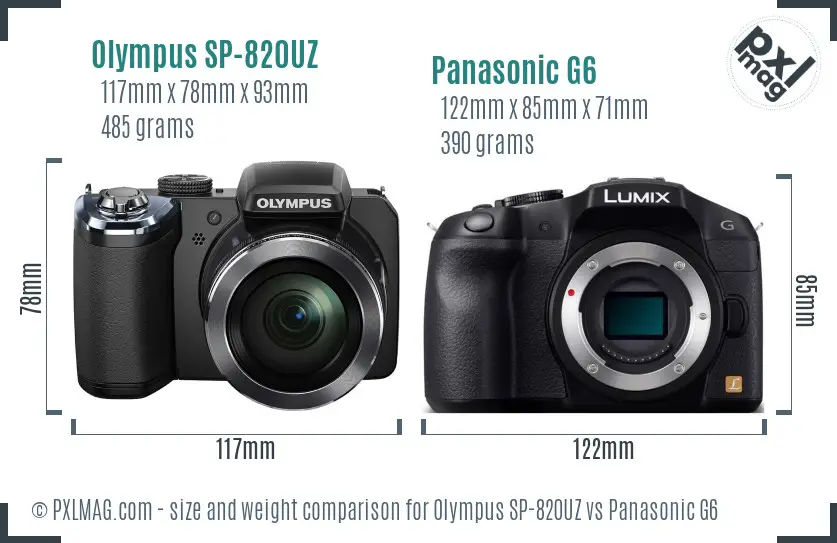 Olympus SP-820UZ vs Panasonic G6 size comparison