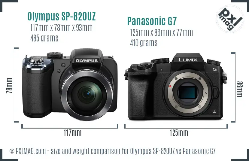 Olympus SP-820UZ vs Panasonic G7 size comparison