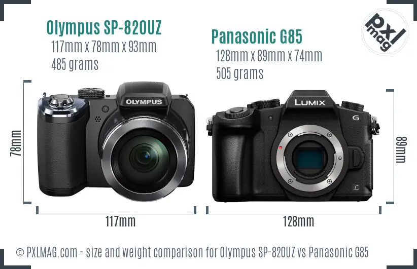 Olympus SP-820UZ vs Panasonic G85 size comparison