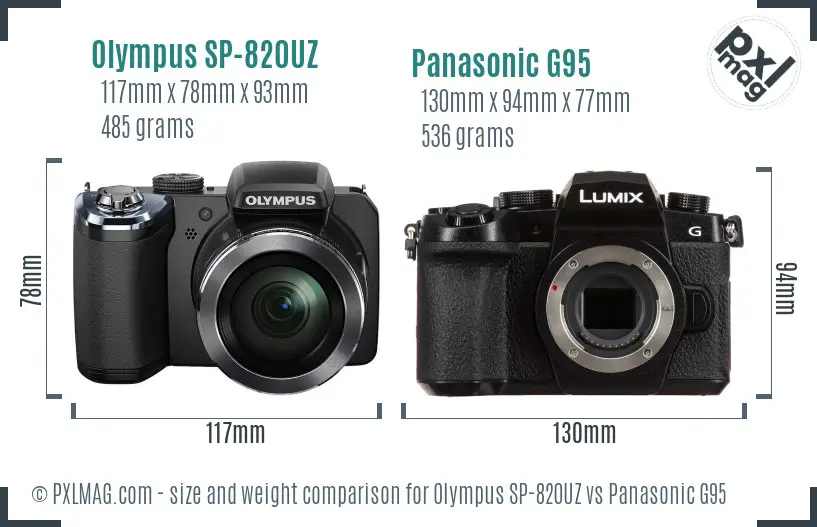 Olympus SP-820UZ vs Panasonic G95 size comparison