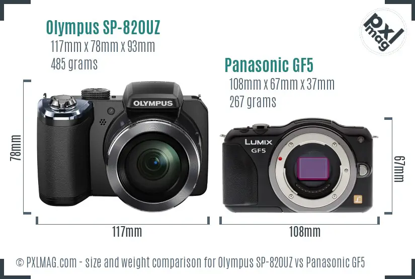 Olympus SP-820UZ vs Panasonic GF5 size comparison