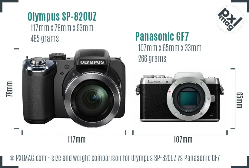 Olympus SP-820UZ vs Panasonic GF7 size comparison