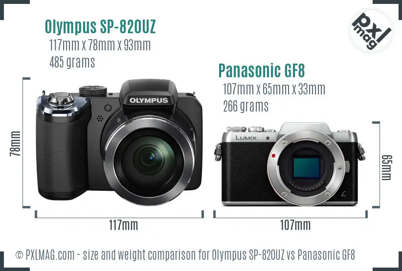 Olympus SP-820UZ vs Panasonic GF8 size comparison