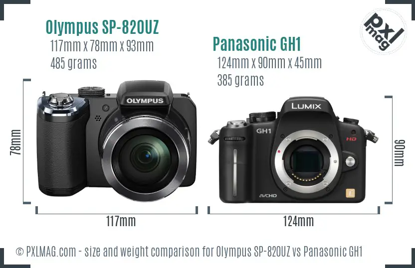 Olympus SP-820UZ vs Panasonic GH1 size comparison