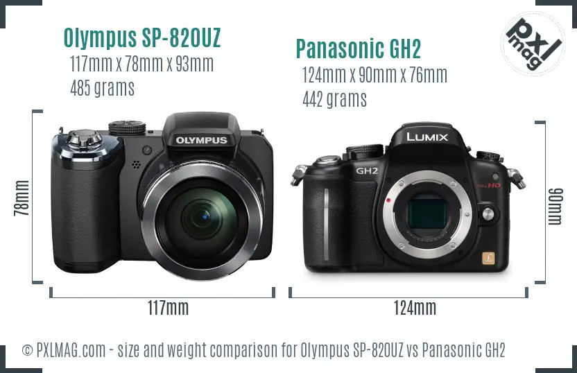 Olympus SP-820UZ vs Panasonic GH2 size comparison